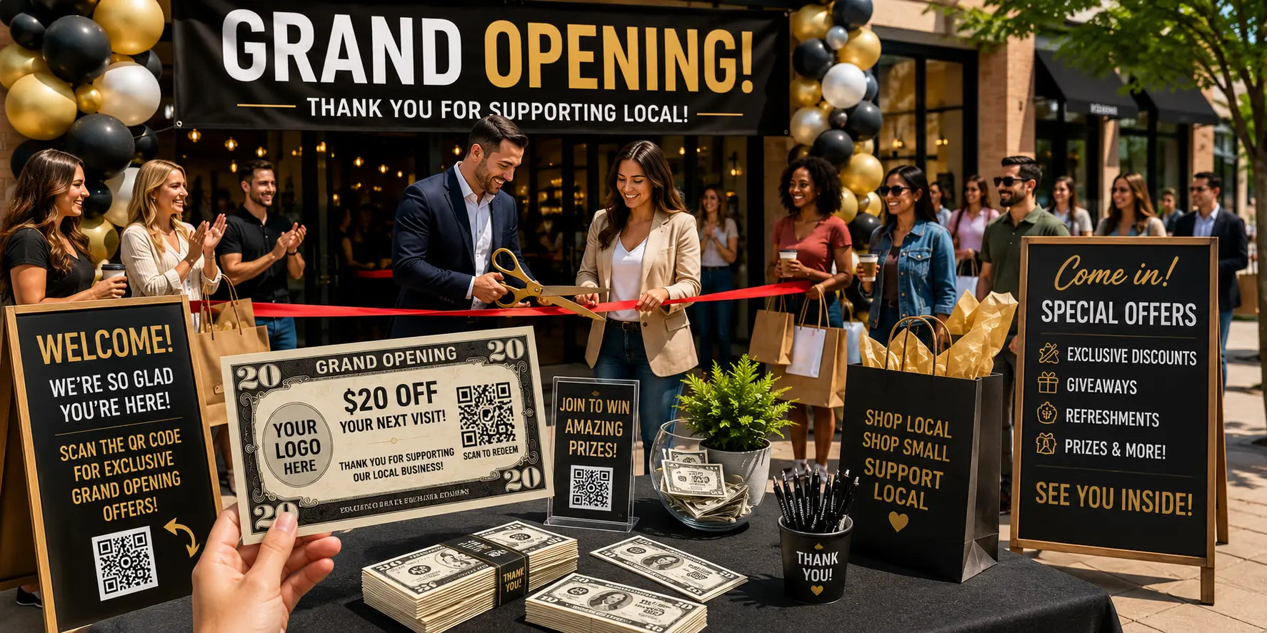 Grand opening ribbon-cutting event with customers, giveaway table, custom promotional money, QR code coupons, shopping bags, and local business special offers.