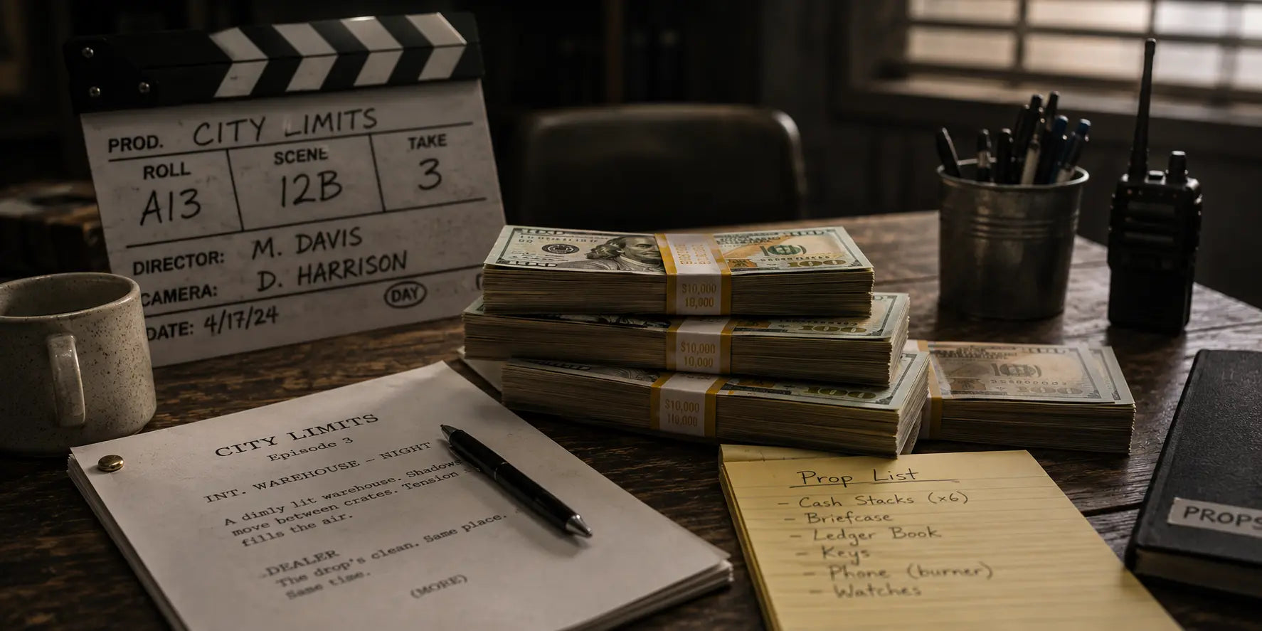 Realistic movie props including prop money stacks, RealAged cash, and cinematic production props used in film and television filmmaking