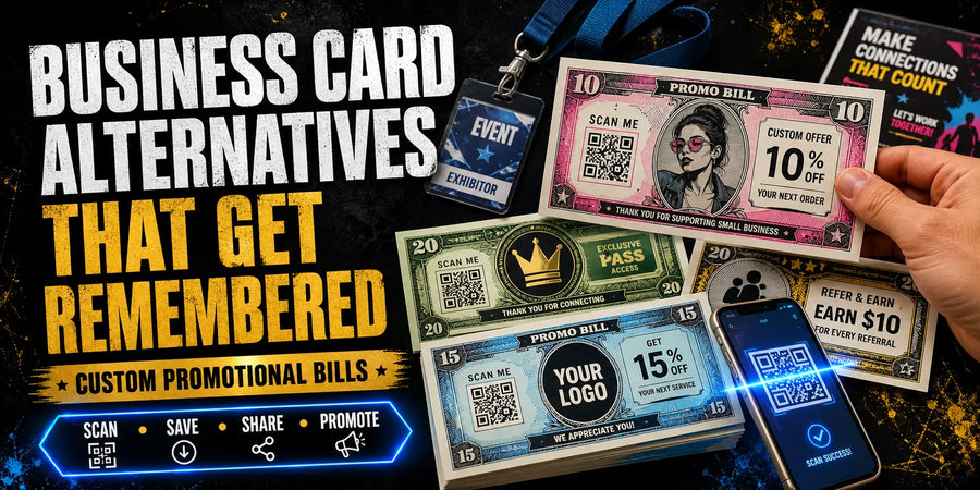 Blog graphic showing custom promotional bills as business card alternatives with QR codes and marketing offers