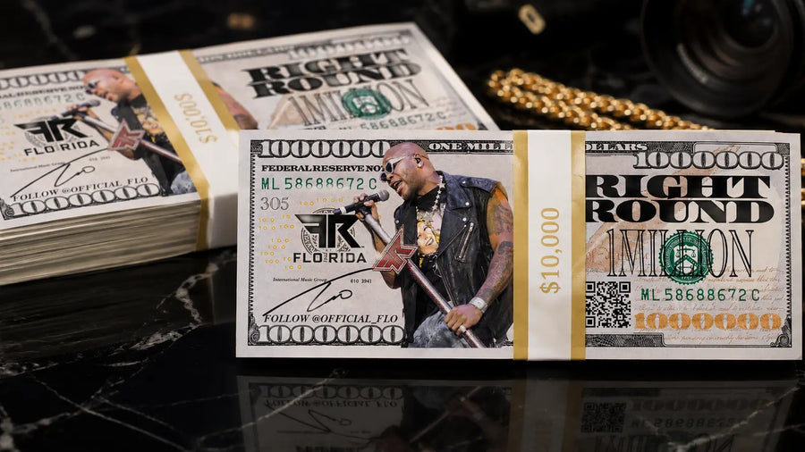 Custom Flo Rida million dollar prop money stacks produced by Prop Money Inc. for entertainment and media productions.