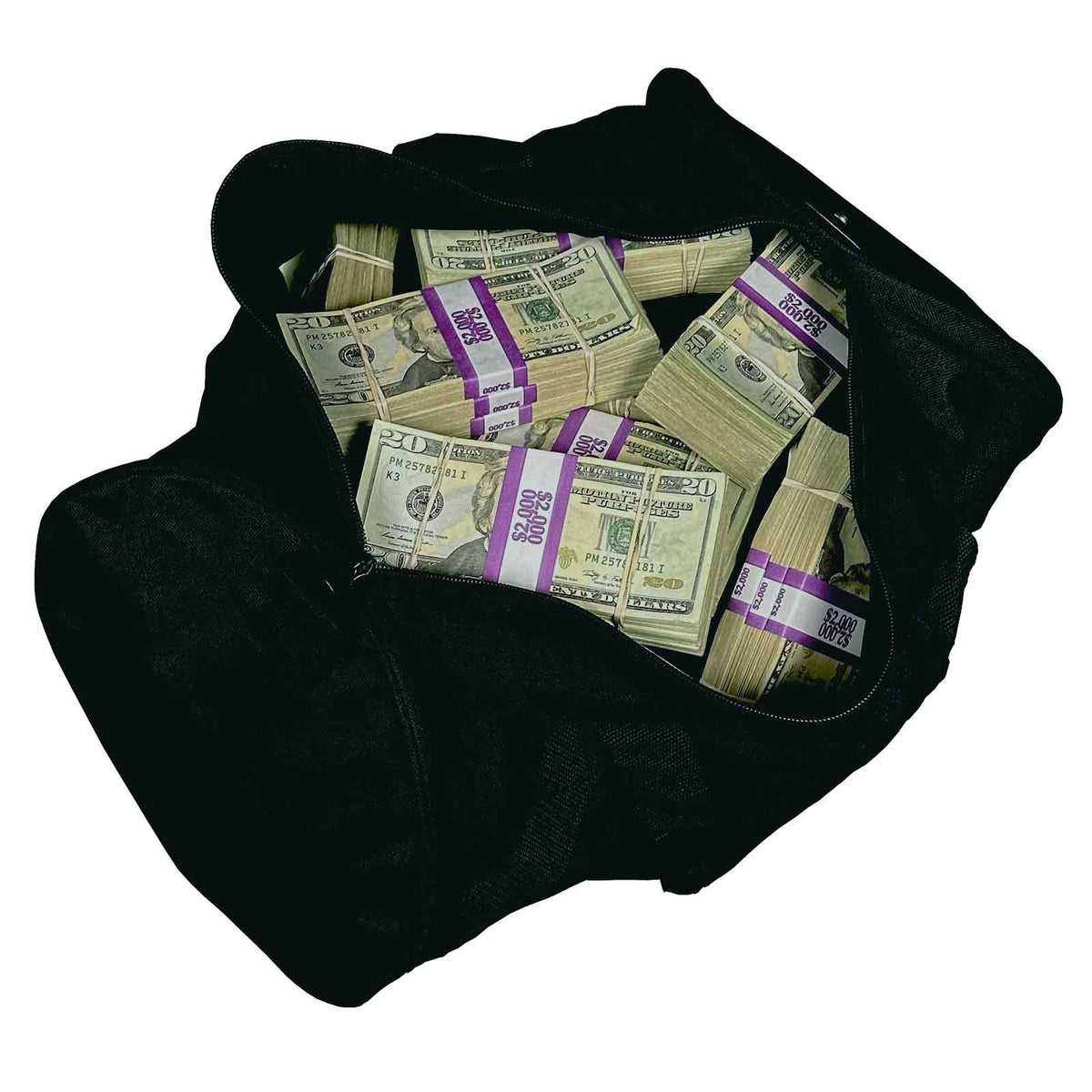 RealAged $102,000 blank filler prop money bundles and duffel bag
