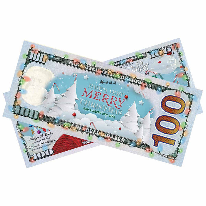 Stack of Christmas and New Year prop money bills for gifts and decorations