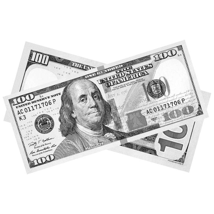 Gray prop money bills with monochrome full print design